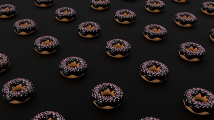 Chocolate glazed donuts with sprinkles, isometric pattern on black background