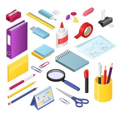 Isometric stationery vector illustration set. Cartoon 3d office or school stationery tools supplies, pen or marker pencil, rubber and sharpener. Collection icons for stationers shop isolated on white