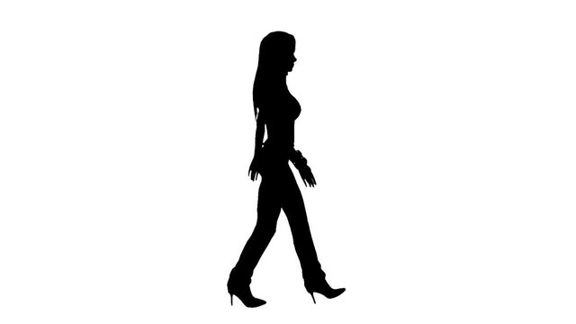 Shapely woman walking profile silhouette black and white