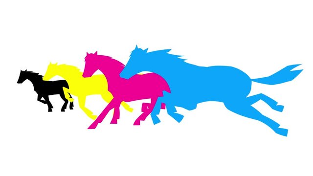 CMYK horses cartoon silhouettes version 1. Four businessmen riding colour vector horses. Seamless loop. Animation good for business metaphor of printing process. Wector style illustration of idea.