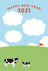 2021年 年賀状 丑年　牧場の牛の親子 フォトフレーム　縦 文字あり