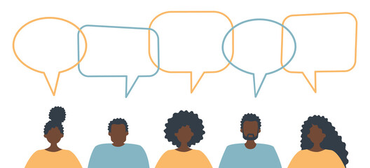 Community of black people. Communication of men and women. People icons with speech bubbles. Vector illustration