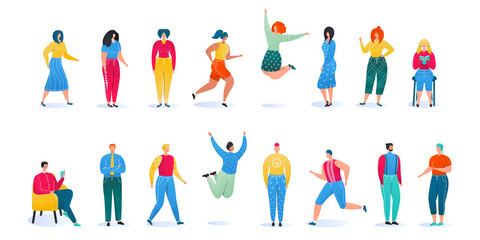Fototapeta na wymiar Man woman poses vector illustration set. Cartoon flat faceless people in casual clothes outfit standing or posing, jumping or running, talking and reading book. Lifestyle poses row isolated on white