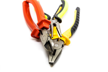 work tool. Red pliers side cutters close up isolated white background