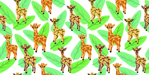 Safari wallpaper, cute giraffes seamless pattern, jungle background, vector illustration flat design