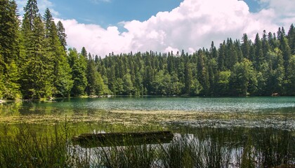 Beautiful view on the mountain lake at summer. Zabojsko lake in Montenegro