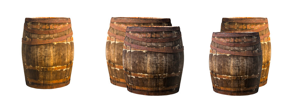 barrel oak old weathered rusty old iron hoop set wine-making white isolated background