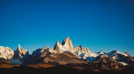 Fototapeta premium View of jagged Mount Fitz Roy in Patagonia morning light. 