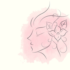 Abstract woman face with floral flowers, girl in profile view with pink watercolor background , Vector illustration drawing