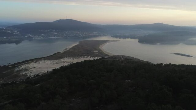 Beautiful landscape in coast of Galicia at sunset. Spain. Aerial Drone Footage