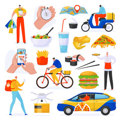 Food delivery service set of isolated on white vector illustrations, courier with fast food order shipping mobile app, delivering pizza on bicycle. Hamburger, drink and sushi food delivery collection.