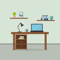 Cosy workplace interior with laptop on the table, coffee cup, desk lamp and elements of design. Work from home, freelance or studying. Flat style vector illustration
