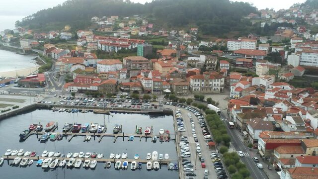 Harbour and small fishing village in Galicia,Spain. Aerial Drone Footage