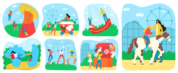 Amusement park for kids fun and recreation, attractions set of vector illustrations. Children ride on carousels, girls and boys jumping on trampoline, eating ice cream ride horse in amusement park.