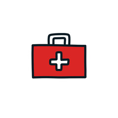 first aid kit doodle icon, vector color illustration