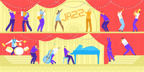 Jazz music band concert, musicians with musical instruments and singer, performance or festival horizontal banners vector illustration. Rock, classical, jazz music group show, guitarist, saxophonist.