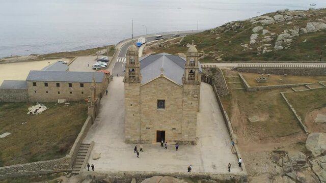 Sanctuary Santa Maria da Barca in Muxia. Galicia,Spain Aerial Drone Footage