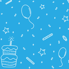 Feliz cumpleaños. Textura de fiesta o cumpleaños. Ilustración iconos vectorial con fondo azul. Pastel, globo, caramelo, estrella, serpentina