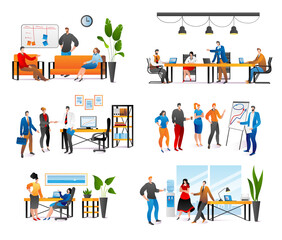 Business people at work meeting in office set of isolated illustrations. Teamwork, two businessmen colleagues at meeting, communication, discussion and brainstorming, planning work. Cooperation.
