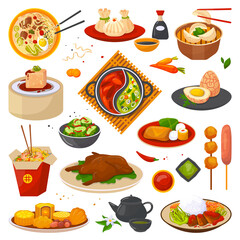 Chinese food or oriental asian cuisine set of isolated vector illustrations. Chinese food meal, box, plate, chopsticks. Dim sum, noodles, rice and vegetables, soup restaurant and street cooking in