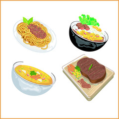 food noodle, rice, soup, steak vector 