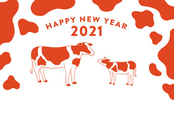 Fototapeta na wymiar 2021年 年賀状 丑年　牛柄と牛の親子 赤 線　横 文字なし