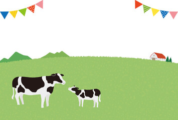2021年 年賀状 丑年　牧場の牛の親子　白バック 横 文字なし - obrazy, fototapety, plakaty