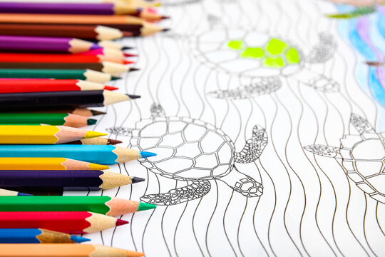 Coloring picture and pencils on table