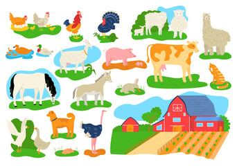 Farm domestic animals icons set isolated vector illustrations. Cow, horse, pig, goat and sheep, chicken, bull and rabbits, llama. Barn building at farm. Livestock at countryside, village farm animals.