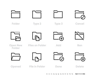 Folders line icons set. Cancel, Open New Folder, Add, Ban, Opened, File, vector signs, logo illustrations. Outline vector symbol. 48x48 Pixel perfect. Editable Strokes.