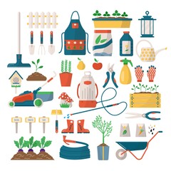 Garden tools and equipment for gardening set of vector illustrations. Shovel, rake, spade and gardener gloves, watering can and pot. Agriculture tools collection isolated on white, sprouts.