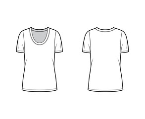 Scoop neck jersey t-shirt technical fashion illustration with short sleeves, oversized body, tunic length. Flat apparel template front back, white color. Women, men, unisex outfit top CAD mockup