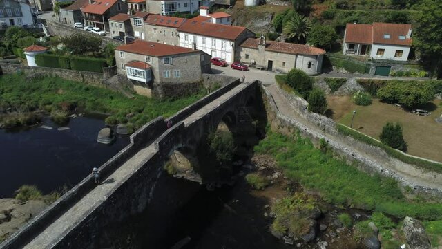 Camino de Santiago. Bridge in river of Galicia,Spain. Aerial drone Footage