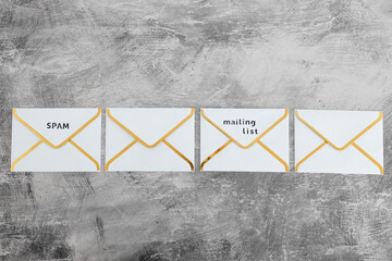 inbox organization concept, group of email envelopes with labels for spam and mailing list content