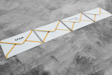 inbox organization concept, group of email envelopes with labels for spam and mailing list content
