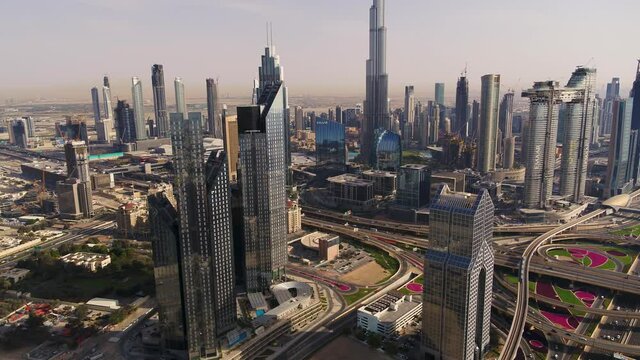Aerial view of many buildings in Dubai, United Arab Emirates.