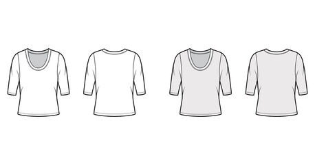 Scoop neck jersey shirt technical fashion illustration with elbow sleeves, oversized body. Flat sweater apparel template front, back white grey color. Women, men unisex outfit top CAD mockup