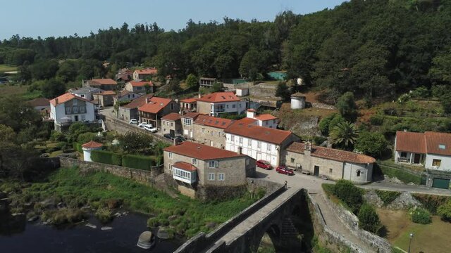 Beautiful village in El Camino de Santiago. Galicia,Spain. Aerial Drone Footage