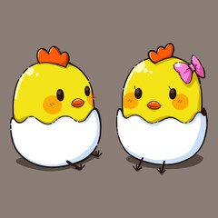 Cute baby chick in eggshell cartoon clipart. Decorative, Illustration, Cute Stickers and pattern.