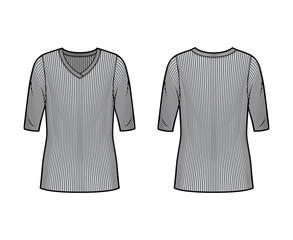 Naklejka premium Ribbed V-neck knit sweater technical fashion illustration with elbow sleeves, oversized body, tunic length. Flat outwear apparel template front, back grey color. Women, men unisex shirt top mockup