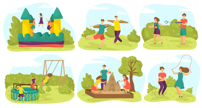 Kids playing, having fun on playground outdoors in summer, friends play in park activity games, set of vector illustrations. Playful children on trampolina, in garden, kindergarten or amusement park.