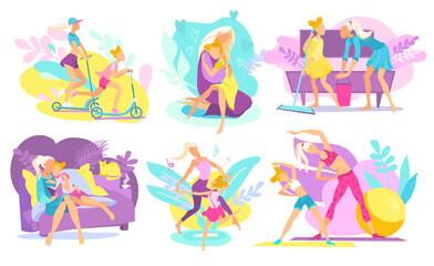 Mother and daughter together performing daily activities, reading book, doing sport fitness, dancing and cleaning vector illustrations set. Motherhood, mom parents love and care for child girl.