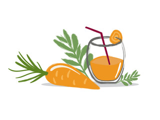 a glass of freshly squeezed juice with straw and whole vegetables, detox vector, carrots with sprigs of herbs
