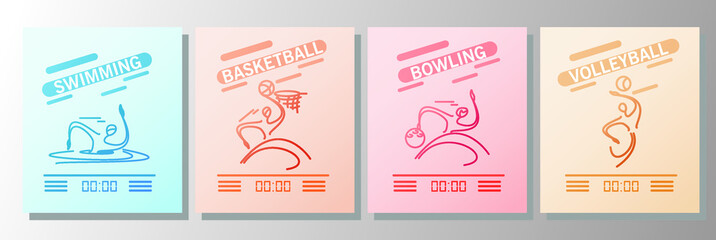 Modern sports set of posters. Swimming basketball bowling and volleyball 
