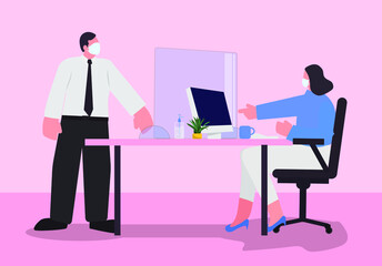Woman working at her desk with protective acrylic separator and standing man talking to her - new normal