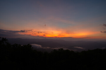 Beautiful mountain view with fog, sunrise scene, Doi Samer Dao mountain in Nan province, Thailand
