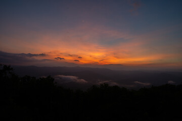 Beautiful mountain view with fog, sunrise scene, Doi Samer Dao mountain in Nan province, Thailand