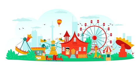 Amusement park with carousel and ferris wheel, fun festival and entertainment, attraction symbols isolated vector illustration. Circus, ferris in amusement park for kids for leisure and vacation.