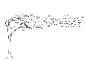 autumn tree in the wind with falling leaves, graphic black and white pattern, copy space
