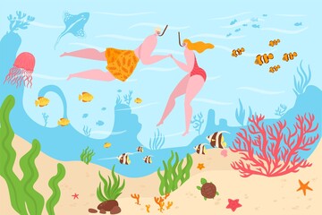 Underwater in tropical coral reefs ocean divers man and woman dive among marine fish vector illustration. Underwater swiming and diving. Summer vacation concept of sport active holidays.